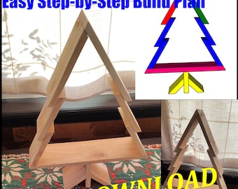 May include: A wooden Christmas tree with a step-by-step build plan. The tree is made of light-colored wood and has a triangular shape. The image also includes a diagram of the tree and the text "PDF DOWNLOAD".