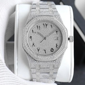 VVS1 Montre Moissanite avec diamants blancs, Montre unique Moissanite, Montre buste vers le bas, Montre automatique 41 mm, Montre pour adulte, Acier inoxydable