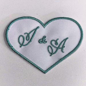 Embroidered heart patch with initials or names, 8 centimeters wide