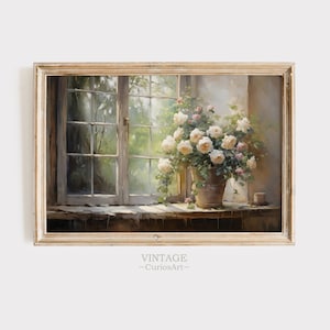 Country Oil Painting, Vintage Roses On Window Print, Rustic Farmhouse, Summer Decor, Balcony Art Print, Summer Oil Painting, Printable Decor