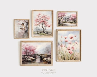 Frühling Kirschblüte SET von 5, Landschaftsmalerei, Frühling Druck Vintage Bauernhaus, Wand Kunst Frühling Kunst Digitaler Download druckbare