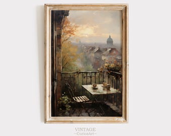 May include: A vintage painting of a balcony overlooking a city skyline. The balcony has a table and two chairs, with a cup and saucer on the table. The city is in the distance, with a large dome-shaped building in the center.