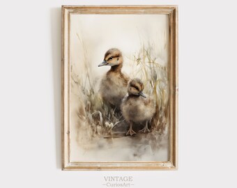Two Ducks in Water Printable, Spring Print Bird Painting, Farmhouse Decor, Vintage Nursery Decor, Bird Art Easter