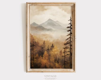 Vintage Herbst Berglandschaft, Baum Landschaftsmalerei, Herbst Print Vintage Bauernhaus, Wand Kunst Herbst Kunst digitaler Download druckbare