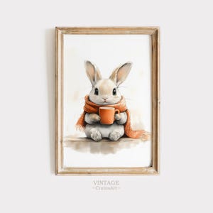 Bunny With Cup Autumn Nursery Print ,Vintage Style Nursery PRINTABLE Wall Art , Rabbit Autumn Print ,Antique Nursery Decor, Downloadable