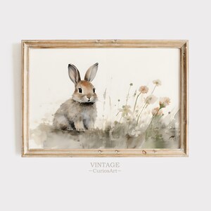 Spring Bunny Rabbit in Wildflower Field Printable, Spring Decor, Vintage Farmhouse Print, Vintage Rabbit Painting, NurseryPrint