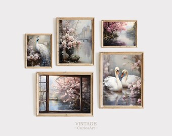 Lentebloesem SET van 5, landschapsschilderkunst, lente print vintage boerderij, kunst aan de muur lente kunst digitale download afdrukbare