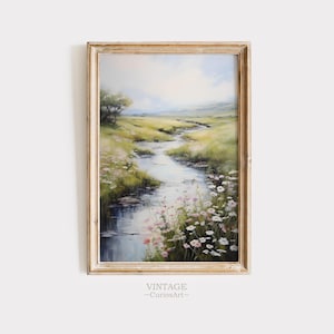 Spring Wildflower, Field Pond Landscape Painting, Spring Print Vintage, Print Neutral, Wall Art Spring Art Digital Download Printable