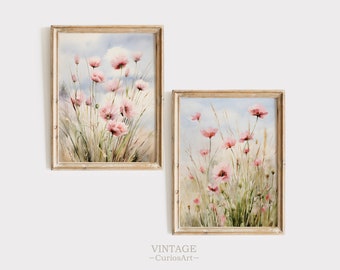 Printable Pink Flower Print SET OF 2, Spring Print Farmhouse Print Floral Wall Art, Vintage Landscape Painting, Easter Print Spring
