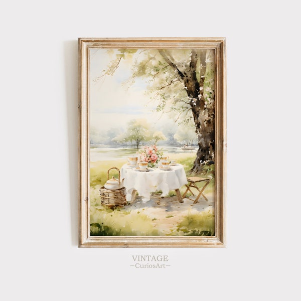 Printable Wildflower Summer Picnic Art, Farmhouse Print Summer Decor, Vintage Oil Painting Summer Print, Still Life Basket Art Wildflower