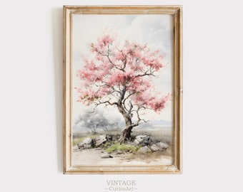 Frühling Kirschblüte Baum Landschaft Malerei Frühling Druck Vintage Bauernhaus Druck Neutral Wand Kunst Frühling Kunst digitaler Download druckbare