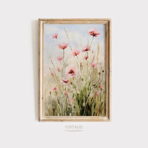 Printable Pink Flower Print, Spring Print Farmhouse Print Floral Wall Art, Vintage Landscape Painting, Easter Print Spring