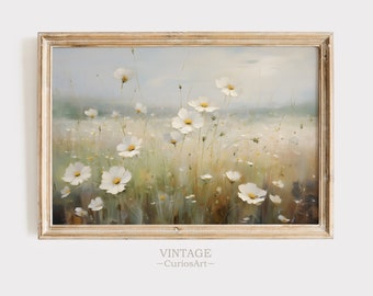 Wildflower Field, Printable Landscape, Vintage Painting, Warm Summer Print, Farmhouse Print, Neutral Wall Art, Summer Art Digital