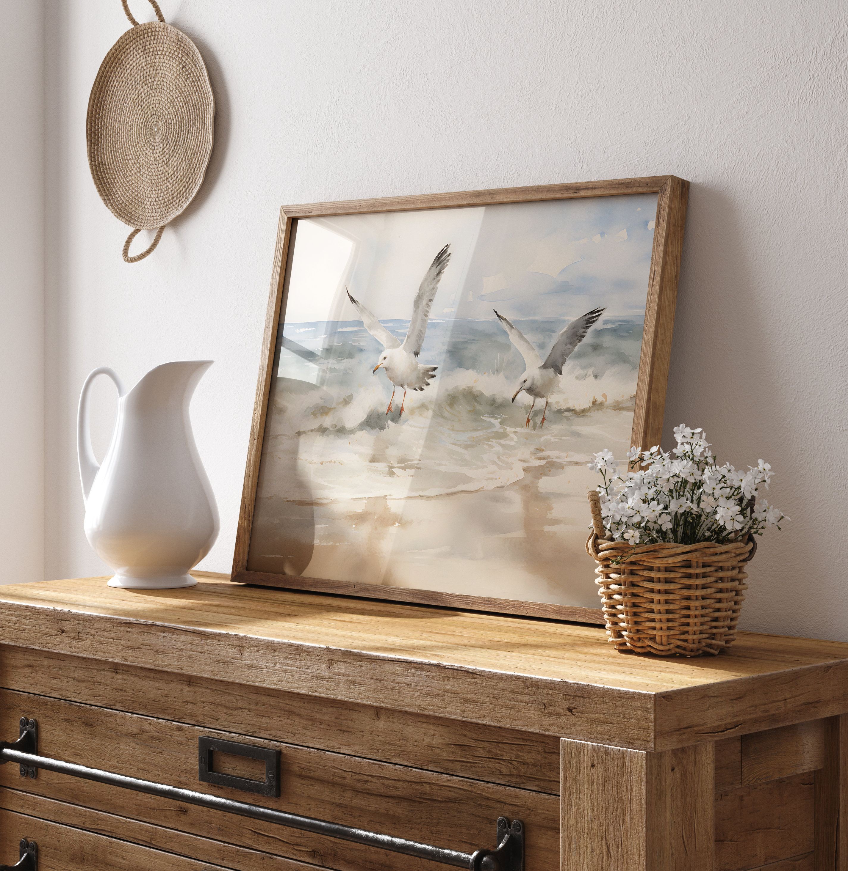 Summer Sea Birds Oil Painting Wall Art, Ocean Vintage Seagulls Coastal ...