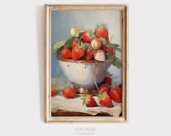 Pittura di fragole, Arte stampabile, Natura morta di frutta vintage, Stampa per cucina, Download digitale