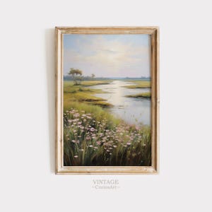 Spring Wildflower, Field Pond Landscape Painting, Spring Print Vintage, Print Neutral, Wall Art Spring Art Digital Download Printable
