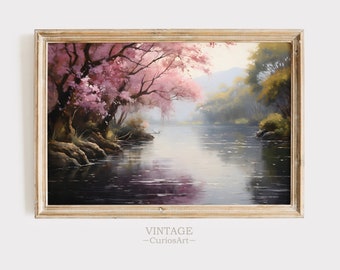 Frühling Kirschblüten Wasser, neutrale Landschaft, Frühling Bauernhaus Wandkunst, Vintage Frühling Rahmenkunst, printable Download