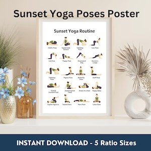 Yogaroutine zonsondergang avond, yogaplan avond, poster yogahoudingen, poster yogastudio print, yogahoudingen illustratie pdf, stretching print