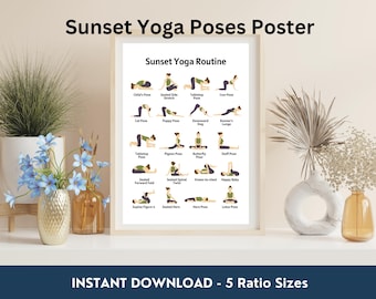 Sunset Evening Yoga Routine, Evening Yoga Plan, Yoga Poses Poster, Yoga Studio Print Decor, Yoga Poses Illustration PDF, Stretching Print