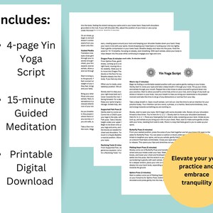 May include: A digital download for a 15-minute guided meditation and a 4-page Yin Yoga script. The text on the image reads "Elevate your yoga practice and embrace tranquility".