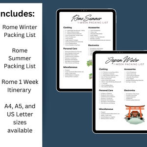 May include: A printable packing list for a one-week trip to Rome in the summer. The list includes categories for clothing, accessories, electronics, personal care, and miscellaneous items. The list is also available in A4, A5, and US Letter sizes.