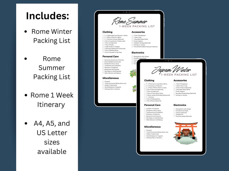 May include: A printable packing list for a one-week trip to Rome in the summer. The list includes categories for clothing, accessories, electronics, personal care, and miscellaneous items. The list is also available in A4, A5, and US Letter sizes.