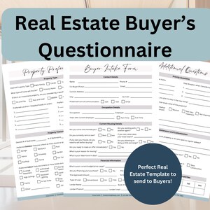 Op de afbeelding: Drie pagina's tellende vragenlijst voor vastgoedkopers met secties voor vastgoedvoorkeuren, kopersinformatie en aanvullende vragen. De titel is "Real Estate Buyer's Questionnaire". Een cirkel zegt "Perfect Real Estate Template to send to Buyers!"