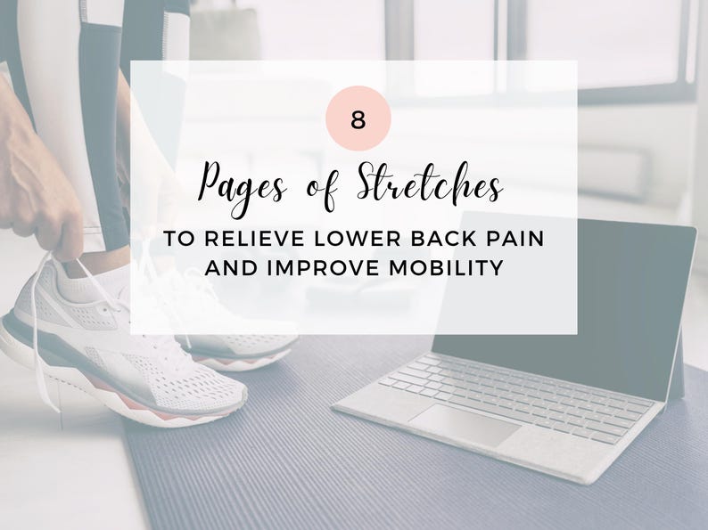 Może przedstawiać: Obraz z laptopem, butami sportowymi i tekstem "8 Pages of Stretches to Relieve Lower Back Pain and Improve Mobility". Scena rozgrywa się na niebieskiej macie do ćwiczeń.