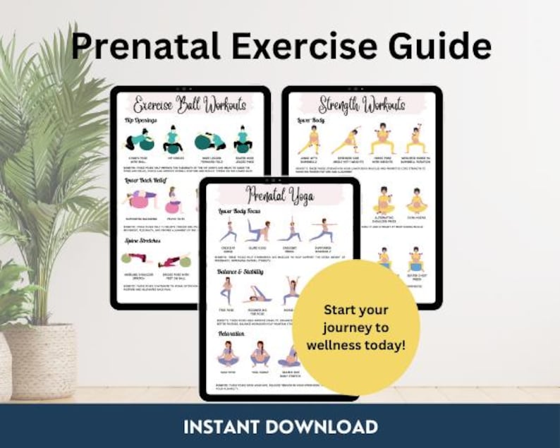May include: A printable prenatal exercise guide with three sections: Exercise Ball Workouts, Strength Workouts, and Prenatal Yoga. Each section features illustrations of pregnant women performing various exercises. The guide includes text describing the exercises and their benefits.