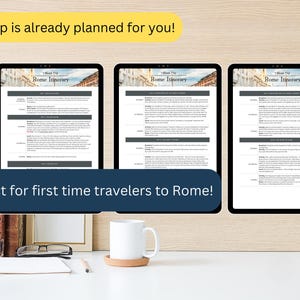May include: Three digital tablet screens displaying a Rome itinerary with the text "Rome Itinerary" on each screen. The screens are on a wooden surface with a white mug, a notebook, and a pair of glasses.