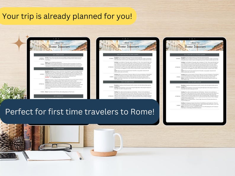 May include: Three digital tablet screens displaying a Rome itinerary with the text "Rome Itinerary" on each screen. The screens are on a wooden surface with a white mug, a notebook, and a pair of glasses.