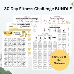 May include: A set of eight printable 30-day fitness challenge trackers. The trackers include challenges for beginner abdominals, weight loss, walking, yoga, squats, and warrior flow. The trackers are designed to help people stay motivated and on track with their fitness goals.