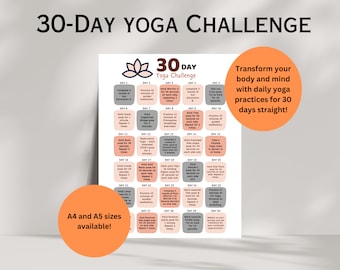 Può includere: Un grafico stampabile di sfida di yoga di 30 giorni con un design a fiore di loto rosa. Il grafico include pose di yoga quotidiane e istruzioni per ogni giorno. Il testo "Trasforma il tuo corpo e la tua mente con pratiche di yoga quotidiane per 30 giorni consecutivi!" è in una casella arancione brillante. Il testo "Formati A4 e A5 disponibili!" è in un cerchio con uno sfondo arancione.
