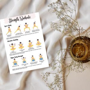 May include: Printable workout guide for pregnant women. The guide features illustrations of different exercises for lower body, shoulder stability, and upper body strength. The exercises include squats with dumbbells, extended leg press, seated chest press, seated bicep curls, and seated alternating shoulder press.