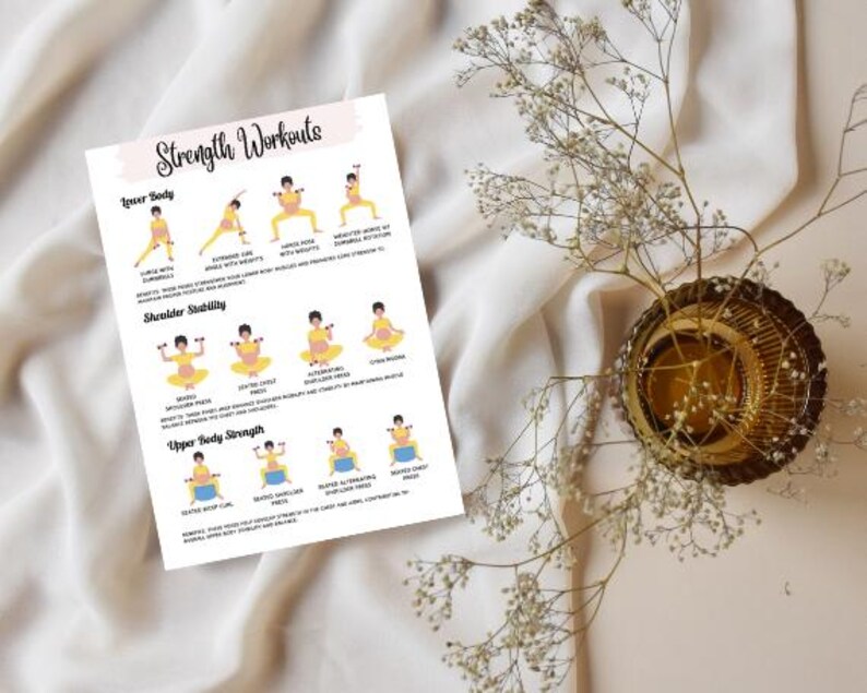 May include: Printable workout guide for pregnant women. The guide features illustrations of different exercises for lower body, shoulder stability, and upper body strength. The exercises include squats with dumbbells, extended leg press, seated chest press, seated bicep curls, and seated alternating shoulder press.