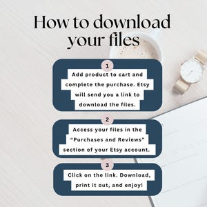 May include: A blue and white graphic with three steps on how to download digital files from Etsy. The steps are numbered 1, 2, and 3. Step 1: Add product to cart and complete the purchase. Etsy will send you a link to download the files. Step 2: Access your files in the "Purchases and Reviews" section of your Etsy account. Step 3: Click on the link. Download, print it out, and enjoy!