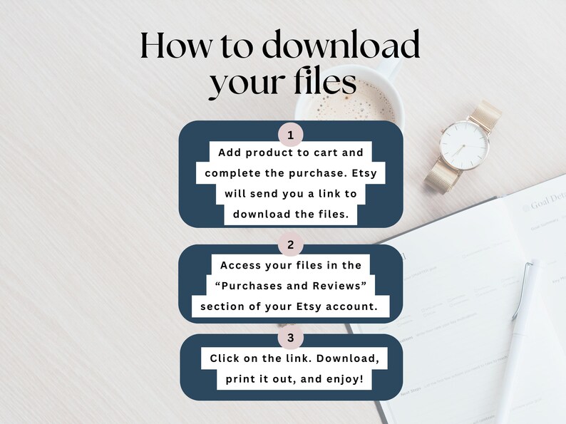 May include: A blue and white graphic with three steps on how to download digital files from Etsy. The steps are numbered 1, 2, and 3. Step 1: Add product to cart and complete the purchase. Etsy will send you a link to download the files. Step 2: Access your files in the "Purchases and Reviews" section of your Etsy account. Step 3: Click on the link. Download, print it out, and enjoy!