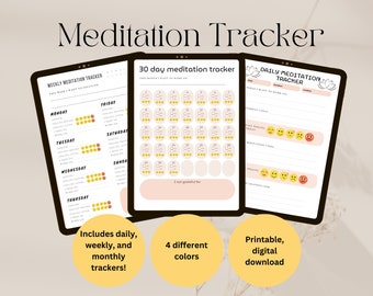 Puede incluir: Un rastreador de meditación digital imprimible con tres diseños diferentes: diario, semanal y mensual. El rastreador presenta un esquema de color rosa y amarillo con ilustraciones de flores de loto. El texto en el rastreador dice "Meditation Tracker", "Weekly Meditation Tracker", "30 Day Meditation Tracker" y "Daily Meditation Tracker".