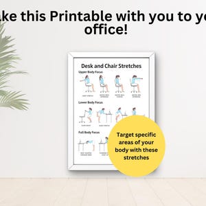 Pu&ograve; includere: Un poster stampabile con illustrazioni di stretching da scrivania e sedia. Il poster &egrave; intitolato "Desk and Chair Stretches" e ha sezioni per l'attenzione sulla parte superiore del corpo, la parte inferiore del corpo e il corpo intero. Il testo "Target specific areas of your body with these stretches" &egrave; in un cerchio giallo.