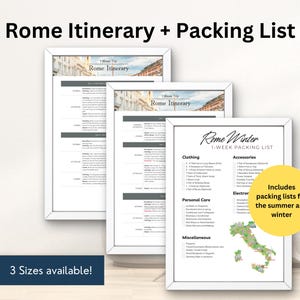 May include: Three printable documents in white frames, including a Rome itinerary and a Rome winter packing list. The packing list includes sections for clothing, accessories, personal care, electronics, and miscellaneous items. The documents feature a map of Italy.