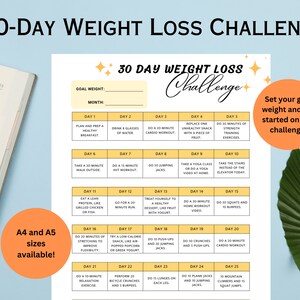 May include: A printable 30-day weight loss challenge chart with a yellow and white color scheme. The chart includes daily activities such as cardio workouts, strength training, yoga, and healthy eating tips. The chart is designed to help people lose weight and get in shape.