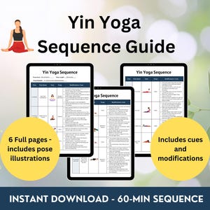 May include: A digital Yin Yoga Sequence Guide displayed on tablets. The guide includes pose illustrations, cues, and modifications. The text reads "Yin Yoga Sequence Guide" and "Instant Download - 60-Min Sequence."