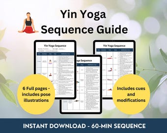 Secuencia de Yin Yoga imprimible / Guía de posturas de yoga para profesores / Recurso para la planificación de clases de yoga / Ilustraciones de posturas de yoga, diagrama de flujo de Yin Yoga relajante