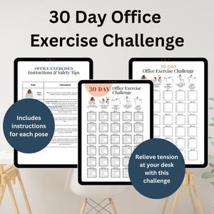 Puede incluir: Un desafío de ejercicios de oficina imprimible de 30 días con instrucciones e ilustraciones. El desafío incluye una variedad de poses para ayudar a aliviar la tensión en tu escritorio.