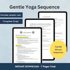 以下が含まれることがあります： サンプルキュー付きの穏やかなヨガシーケンススクリプトのデジタルダウンロード。スクリプトには、60分のフルシーケンスが含まれており、7ページに分割されています。スクリプトのタイトルは「Gentle Yoga Script」で、マンダラデザインが含まれています。