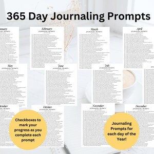 Daily 365 Journal Prompts Bundle, Printable Monthly Journal, Self Care Mental Health Reflections Journaling Worksheets Daily Prompts Journal