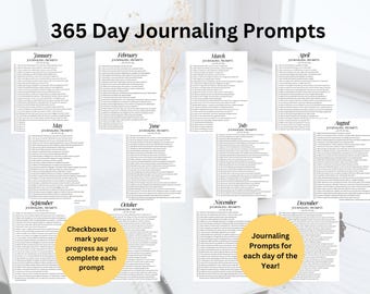 Daily 365 Journal Prompts Bundle, Printable Monthly Journal, Self Care Mental Health Reflections Journaling Worksheets Daily Prompts Journal