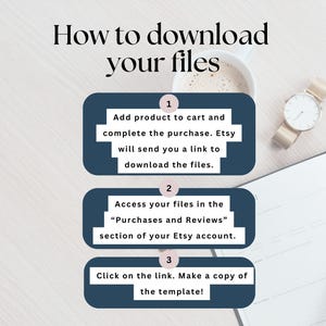 Pu&ograve; includere: Una grafica blu e bianca con tre passaggi su come scaricare file digitali da Etsy. I passaggi sono numerati da 1 a 3. Passaggio 1: Aggiungi il prodotto al carrello e completa l'acquisto. Etsy ti invier&agrave; un link per scaricare i file. Passaggio 2: Accedi ai tuoi file nella sezione "Acquisti e recensioni" del tuo account Etsy. Passaggio 3: Clicca sul link. Fai una copia del modello!