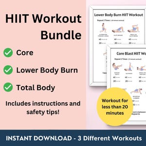 Könnte beinhalten: HIIT-Workout-Bundle mit Core-, Lower Body Burn- und Total Body-Workouts. Enthält Anweisungen und Sicherheitstipps. Zwei gerahmte Workout-Anleitungen mit Übungsillustrationen. Workout für weniger als 20 Minuten. Sofort-Download.