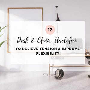 Pu&ograve; includere: Una scrivania bianca con una sedia da ufficio nera e un monitor per computer. Il testo sull'immagine recita "12 esercizi di stretching per scrivania e sedia per alleviare la tensione e migliorare la flessibilit&agrave;".
